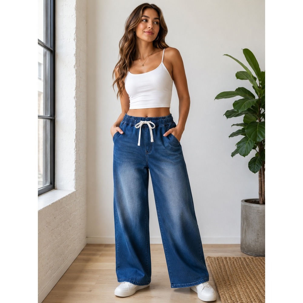 ZESICA Womens Wide Leg Drawstring Denim Pants Blue Elastic Waist Jeans Large
